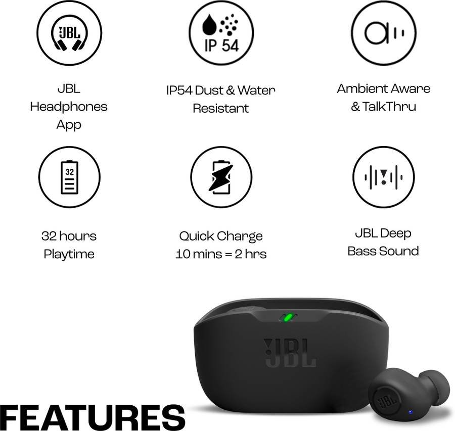 JBL Wave Buds TWS, 32Hr Playtime, IP54, Smart Ambient & TalkThru Mode, JBL App, Bluetooth (Black) - Photo 2