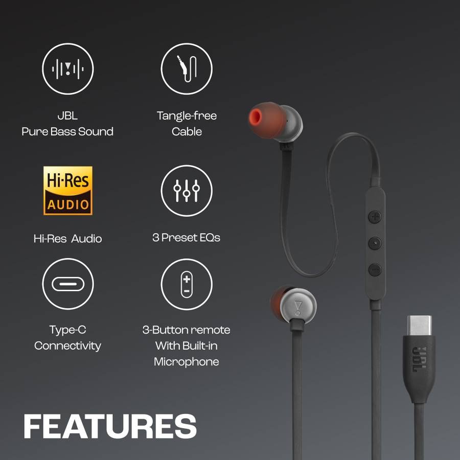 JBL Tune 310C, Hi-Res Audio with DAC , 3-Button EQ , Compatible with USB-C Devices Wired (Black) - Photo 2