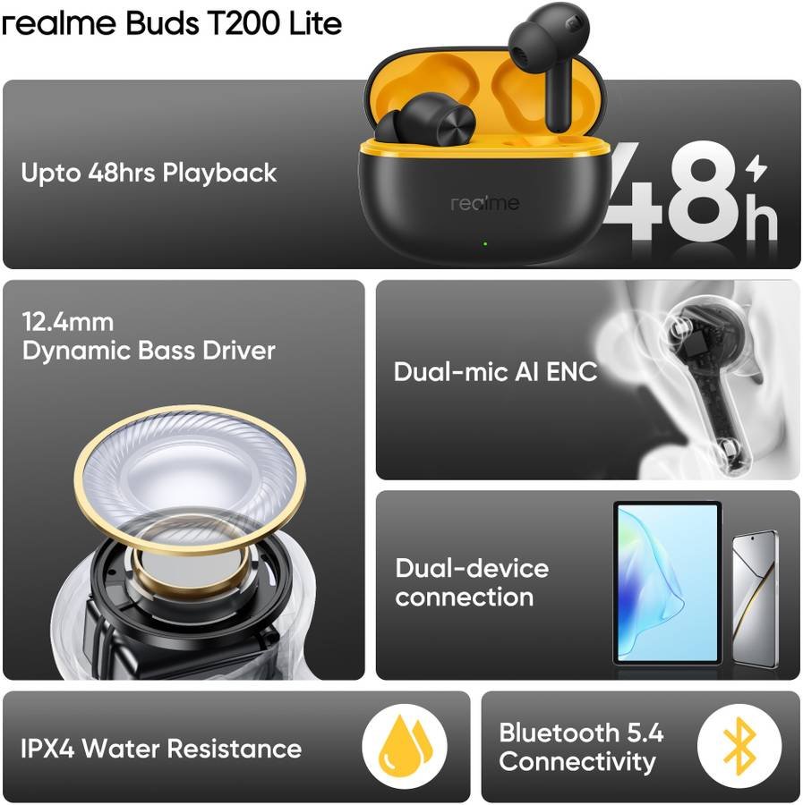 realme Buds T200 Lite with 12.4mm Driver, 48hrs Playback, AI ENC & Dual-Device Pairing Bluetooth (Volt Black) - Photo 3