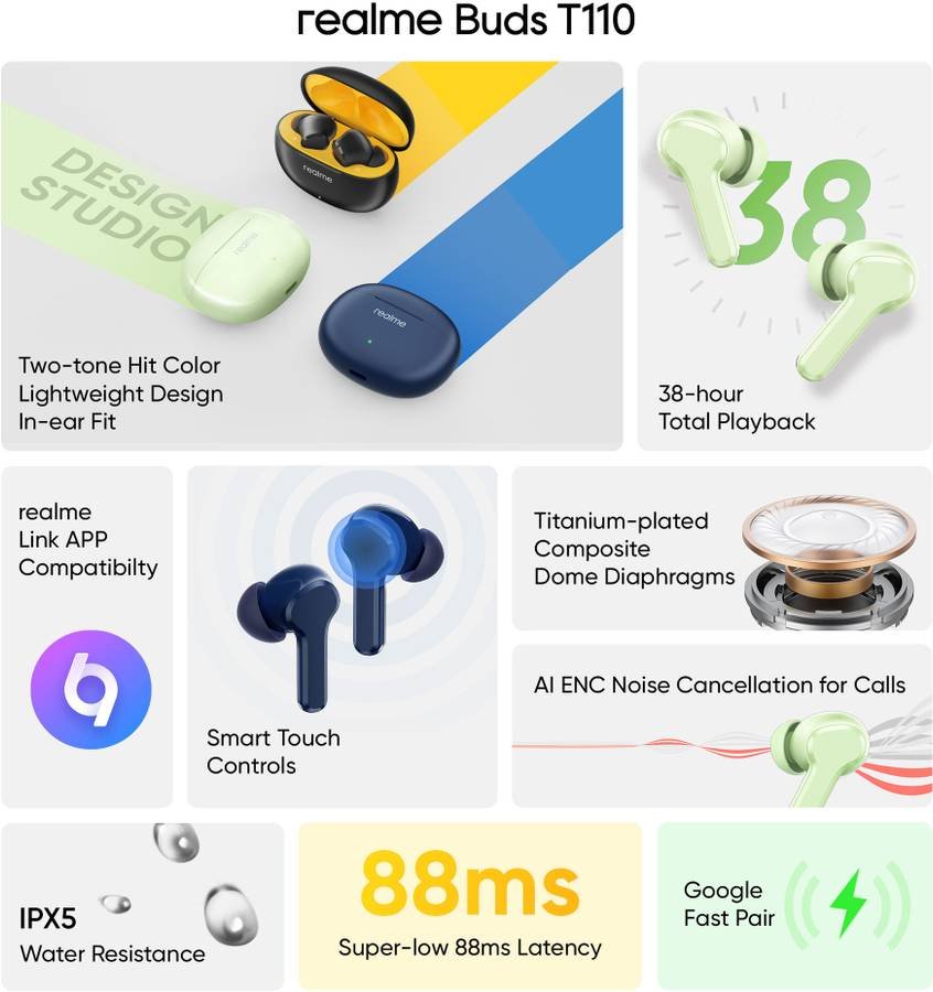 realme Buds T110 (RMA2306) with AI ENC for calls, 38 hours of Playback and Deep Bass Bluetooth (Country Green) - Photo 3