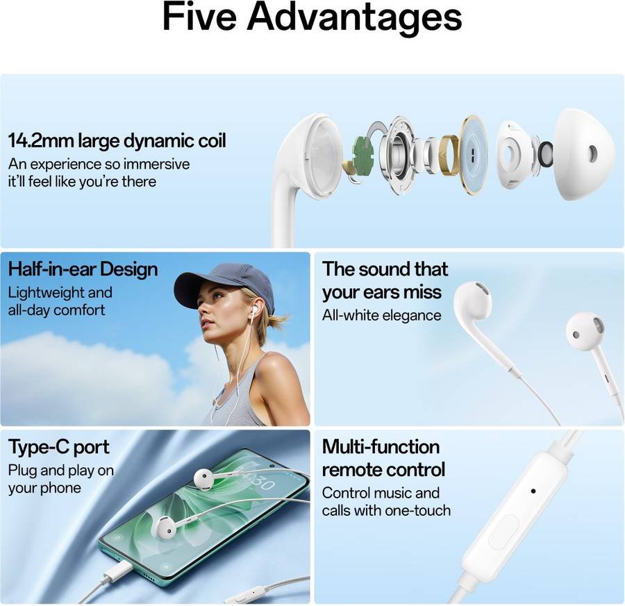 OPPO Type-C Half-in-Ear Wired Earbuds(MH136), 14.2mm Dynamic Coil Wired (White) - Photo 3