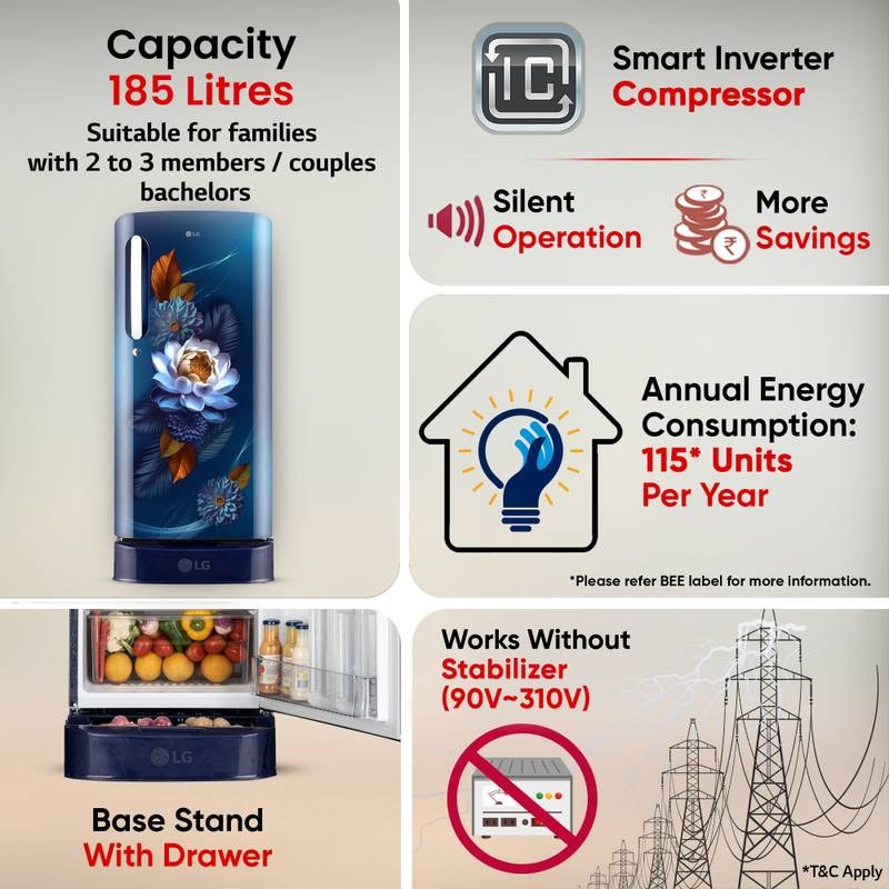 LG 185 L Direct Cool Single Door 5 Star Refrigerator with Base Drawer  with Smart Inverter Compressor, Runs on Home Inverter, Fit Max Chiller Tray & 2026 Model (Blue Waterlilly) - Photo 3