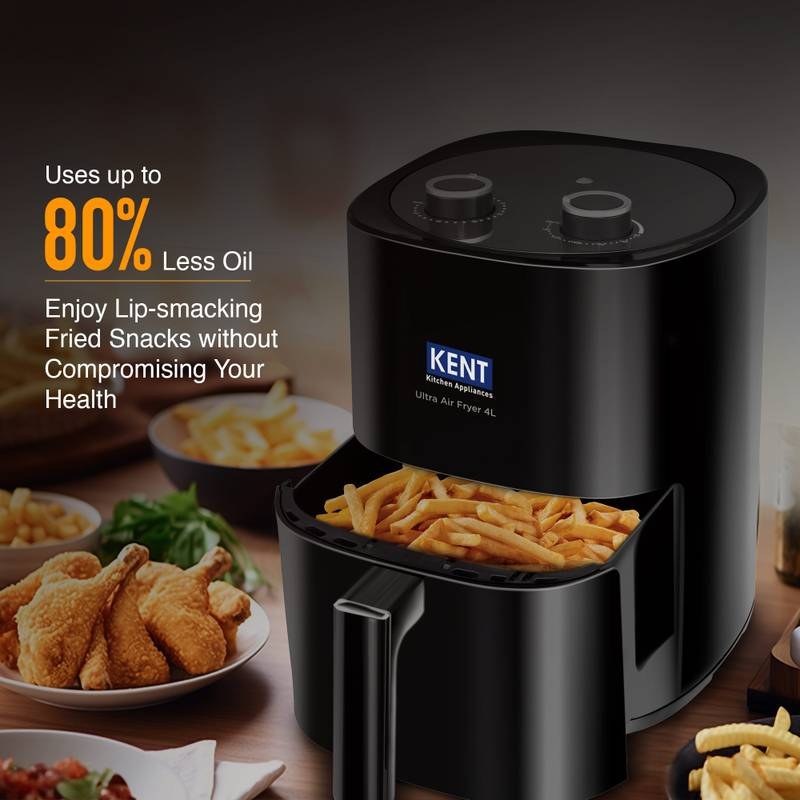 KENT Ultra Air Fryer 4L 1300W | Fry, Bake, Grill & Roast | Up to 80% Less Oil Usage | Rapid Heat Circulation | Adjustable Temperature Control Knob 80 to 200 | Auto Cut-Off Air Fryer (Black) - Photo 4