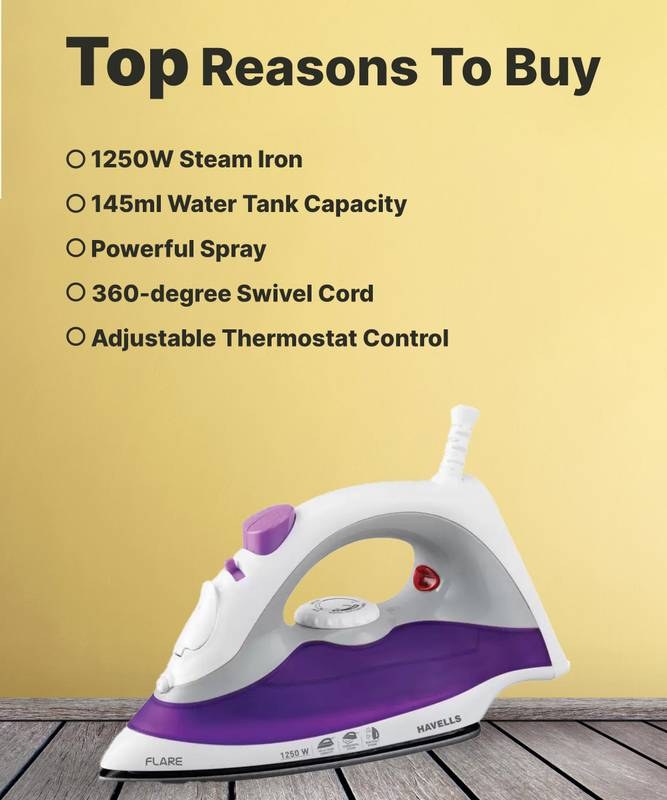 HAVELLS by Havells India Limited GHGSIBDU125 Flare 1250 W Steam Iron (Purple, White) - Photo 3