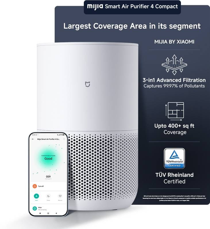 [SMH-4328A6BED83F5C35] Mijia by Xiaomi Smart Air Purifier 4 Compact I 100 Sq.ft. in 6 mins I 3stage High Efficiency Filter I 230 m3/hr CADR covers 400 Sq.ft. I App+Voice control I 20dB Low Noise I Real time filter usage I 1yr replacement warranty Room Air Purifier (White)