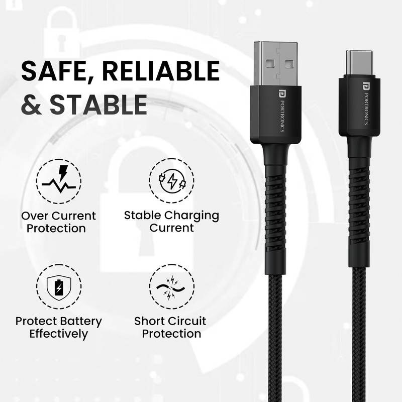 Portronics USB Type C Cable 3 A 2 m Konnect X Nylon Braided Fast Charging and Data Sync (Black) - Photo 2