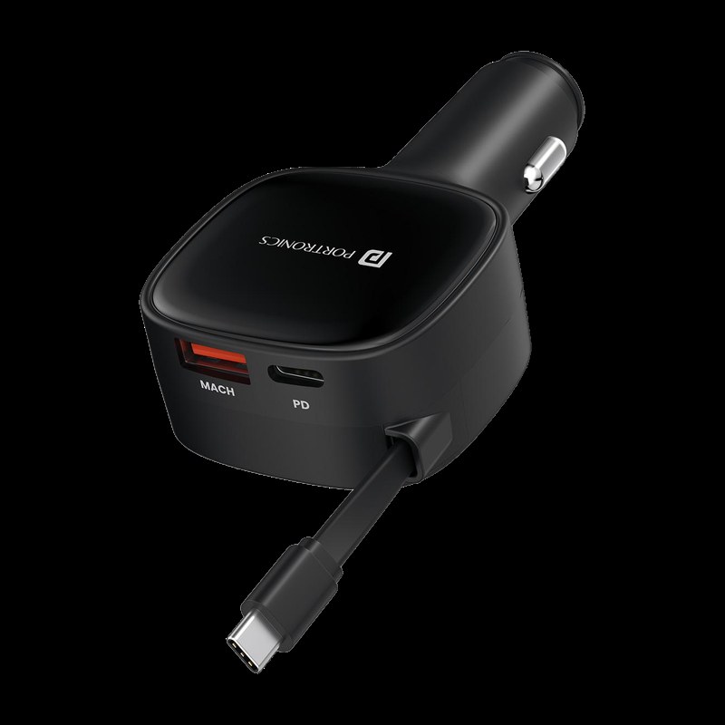 [SMX-F4658721727D9FE4] Portronics 84 W Turbo Car Charger - Car Power Retracto 84W Car Charger,Retractable Cable,Dual Port(33W+18W) (Black)