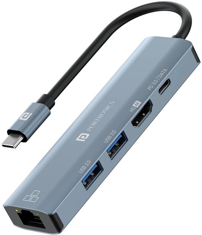 [SMX-C6DEAC0E3F9A69DF] Portronics Mport 51 5-In-1 Type C, RJ 45 Port, 5GBPS Data Transfer, HDMI Port USB Hub (Grey)